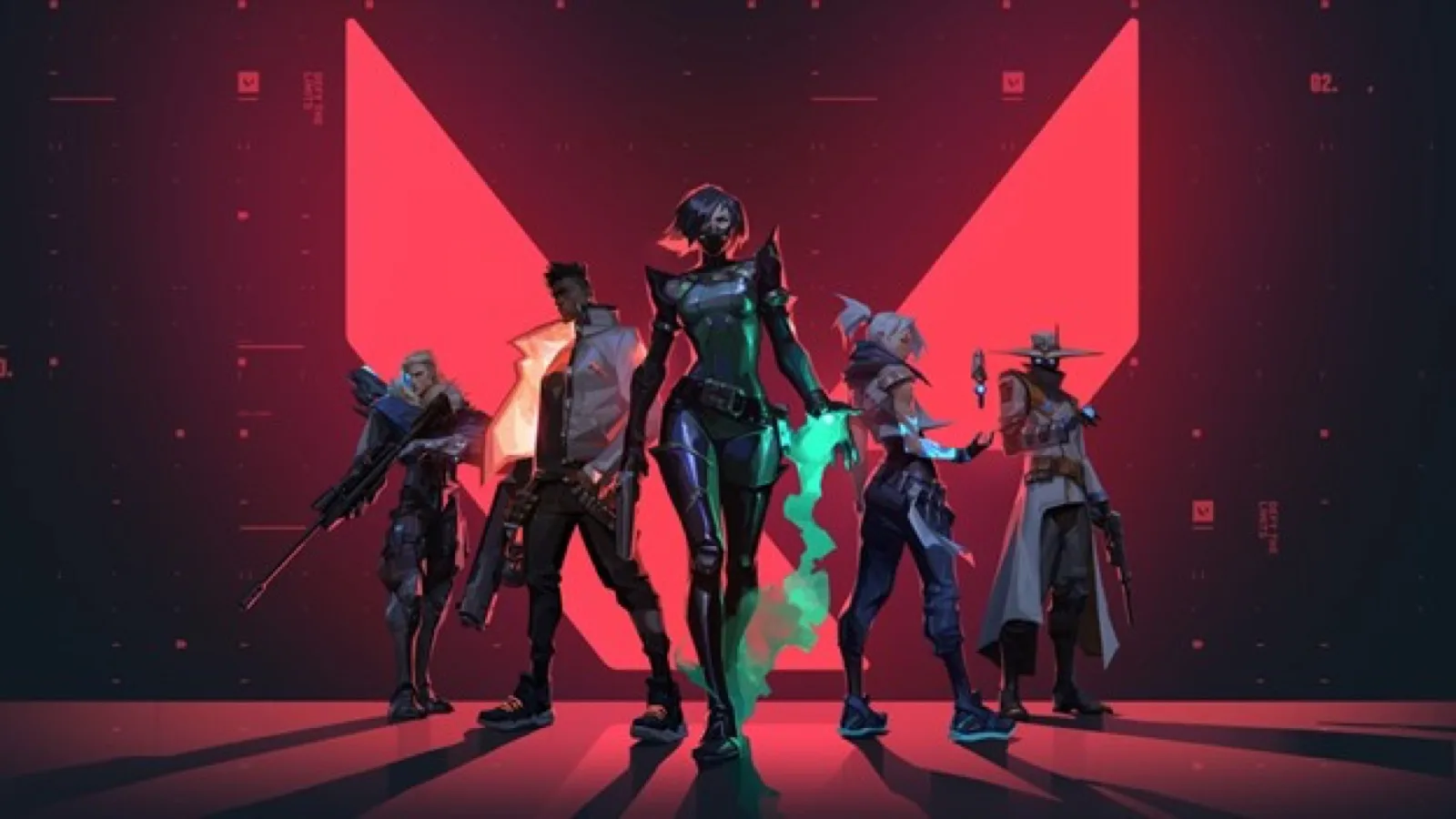 Five VALORANT agents posed in front of the large red VALORANT logo, key art for Riot Games' tactical shooter