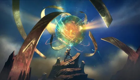 Animated fantasy scene of a lone figure on a rocky peak raising a hand toward a glowing orb ringed by floating golden bands