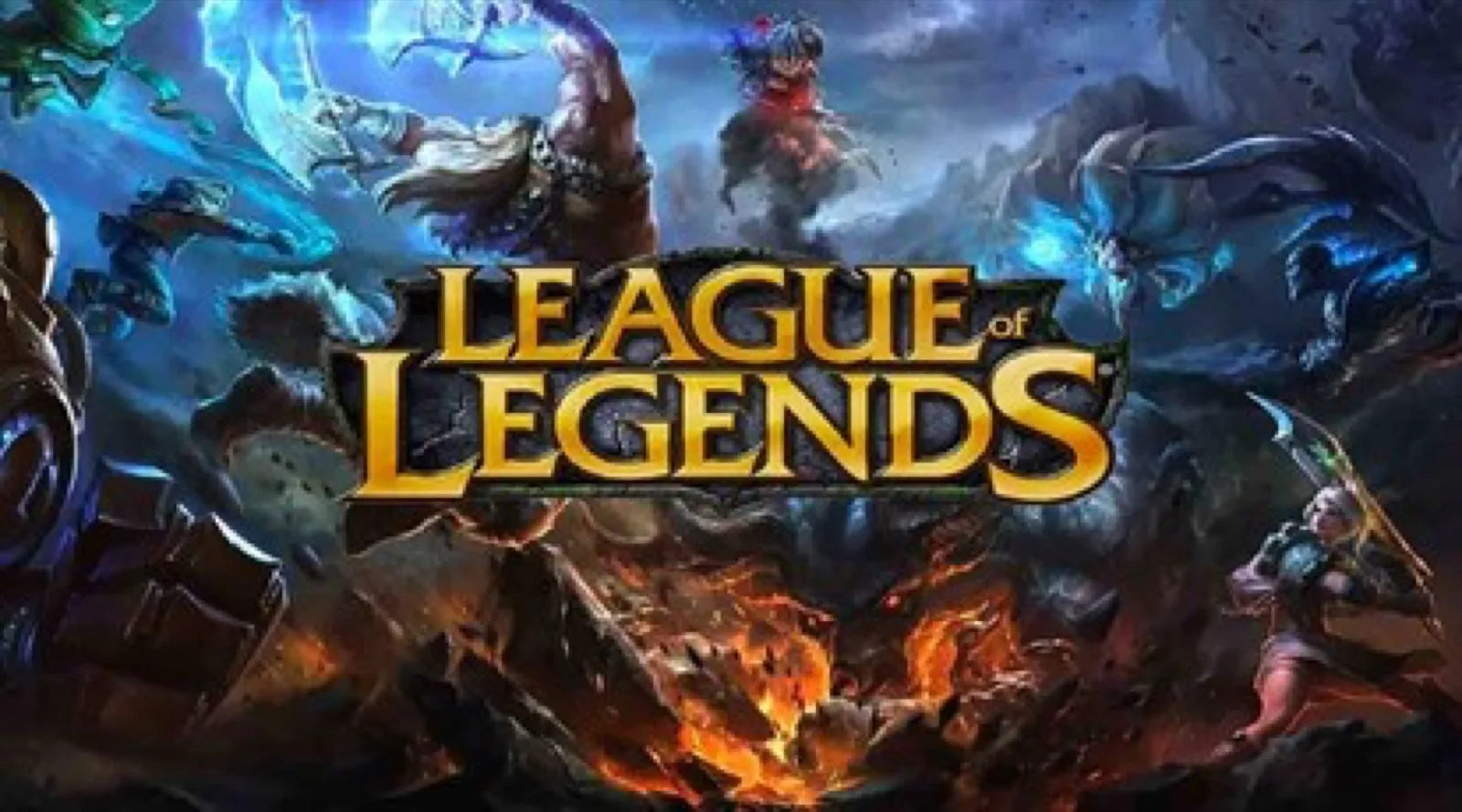 League of Legends logo over key art of champions battling amid fire and storm clouds