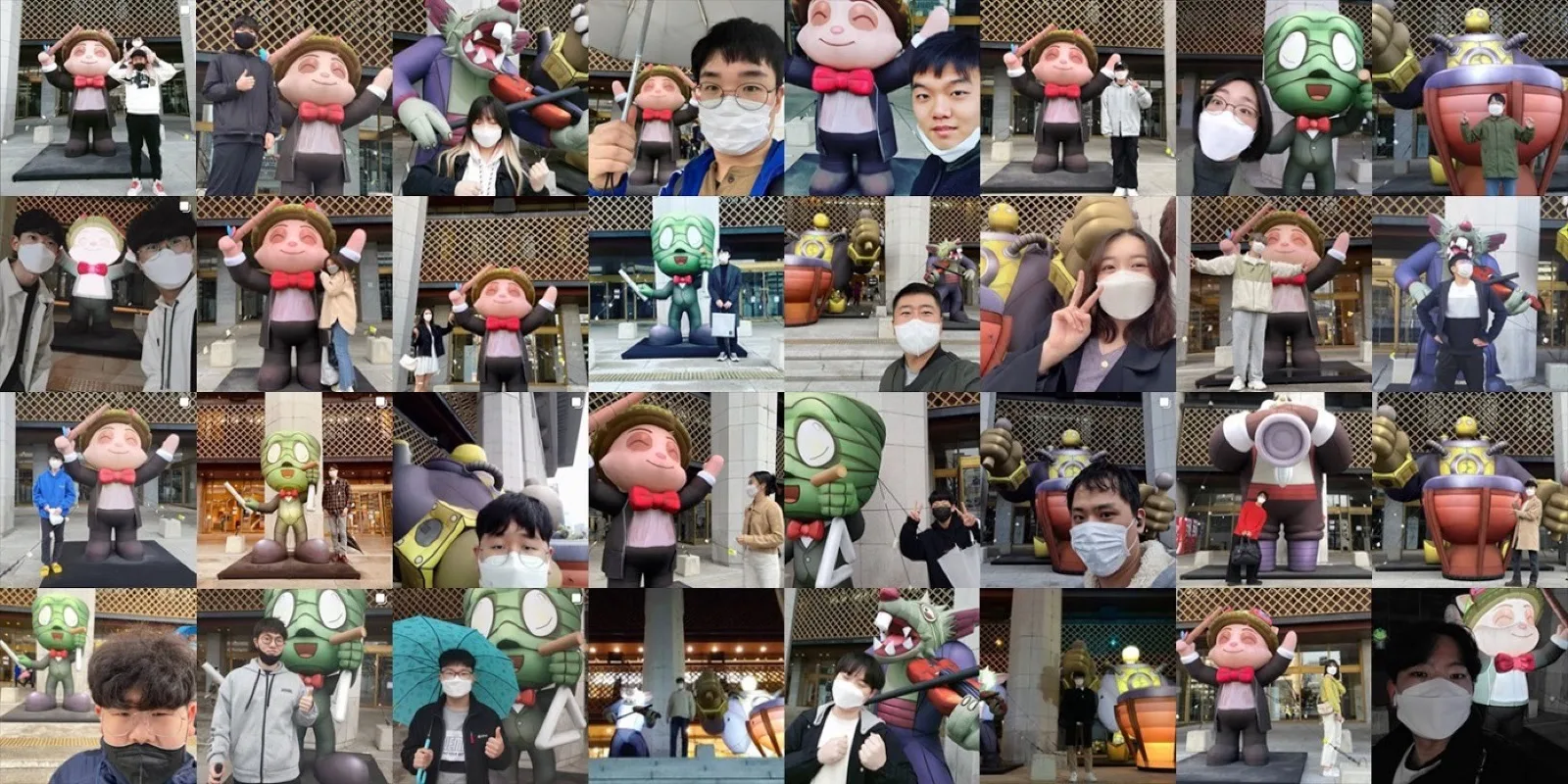 Collage of visitors posing with large statues of League of Legends champions, including Teemo dressed as a conductor