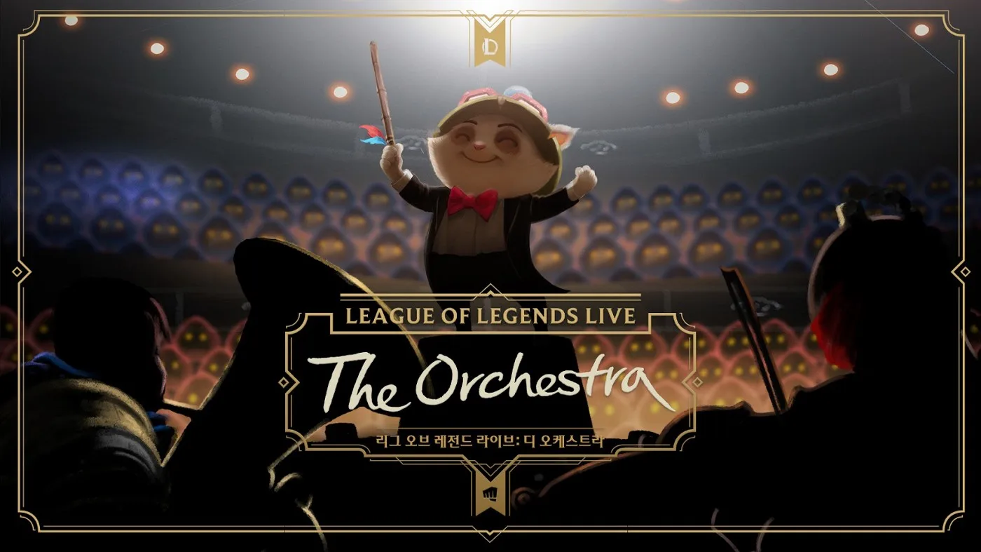 Title card for 'League of Legends Live: The Orchestra', showing Teemo in a tuxedo conducting before an audience of cheering characters