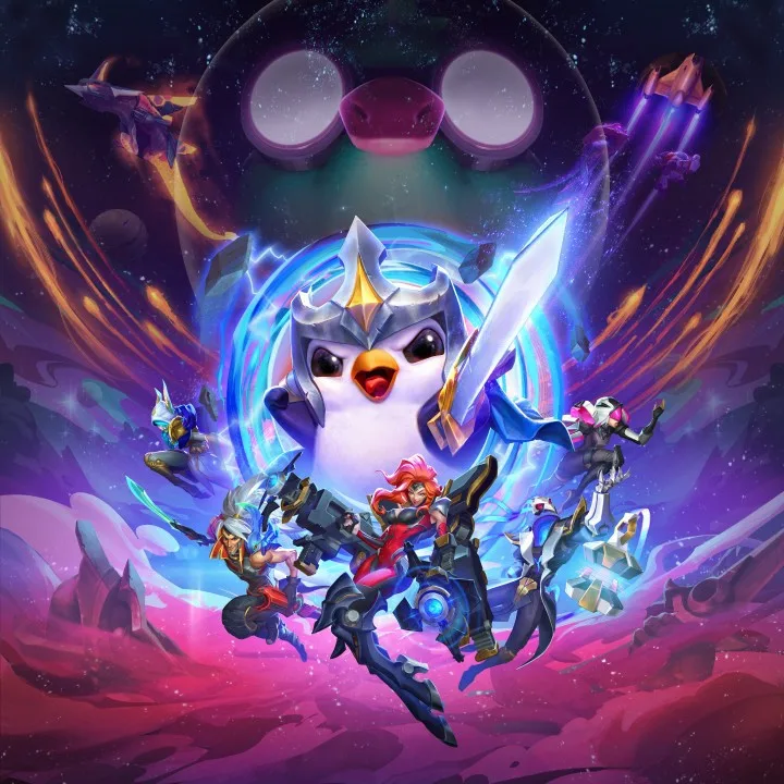 Teamfight Tactics key art: a helmeted penguin with a sword and champions flying through a pink and purple cosmos