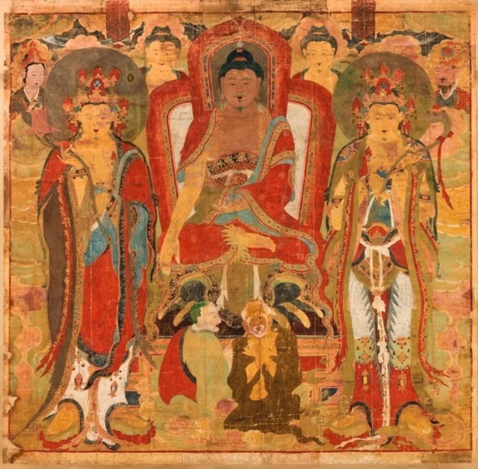 Aged Korean Buddhist painting of a seated central figure flanked by two standing attendants, an example of cultural heritage Riot helped repatriate