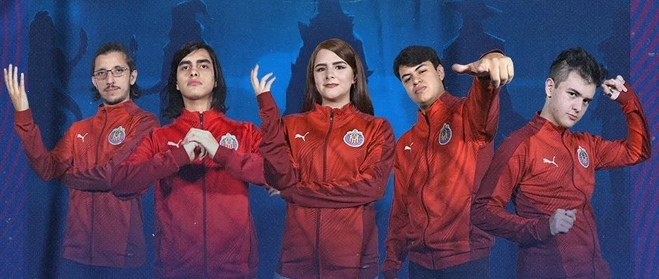 Five Chivas esports VALORANT players in red team jackets striking dramatic poses against a blue backdrop