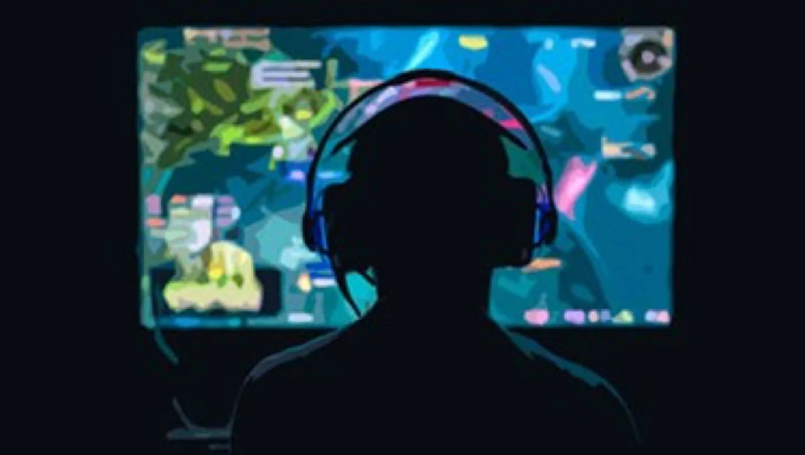 Illustrated silhouette of a person wearing headphones facing a bright, colorful game screen in a dark room