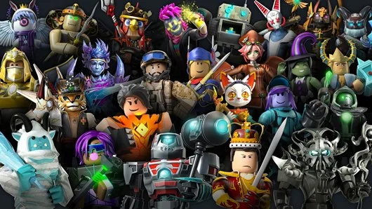 Collage of colorful Roblox avatars in armor, crowns and costumes, representing the games the author's daughter plays