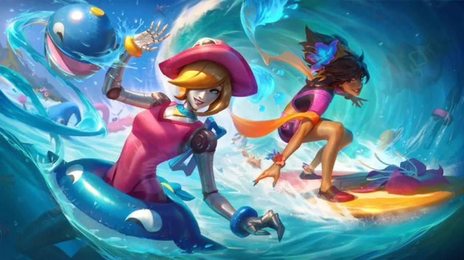 League of Legends pool-party skin art: a robotic champion in a sun hat on an orca float beside a surfer riding a wave