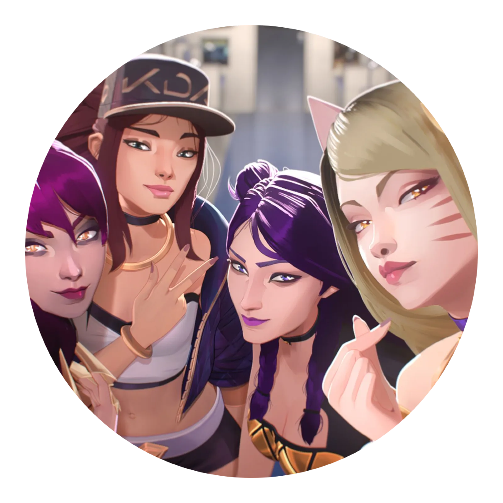 Circular close-up of four animated K/DA members posing together, one in a K/DA cap and another with cat ears