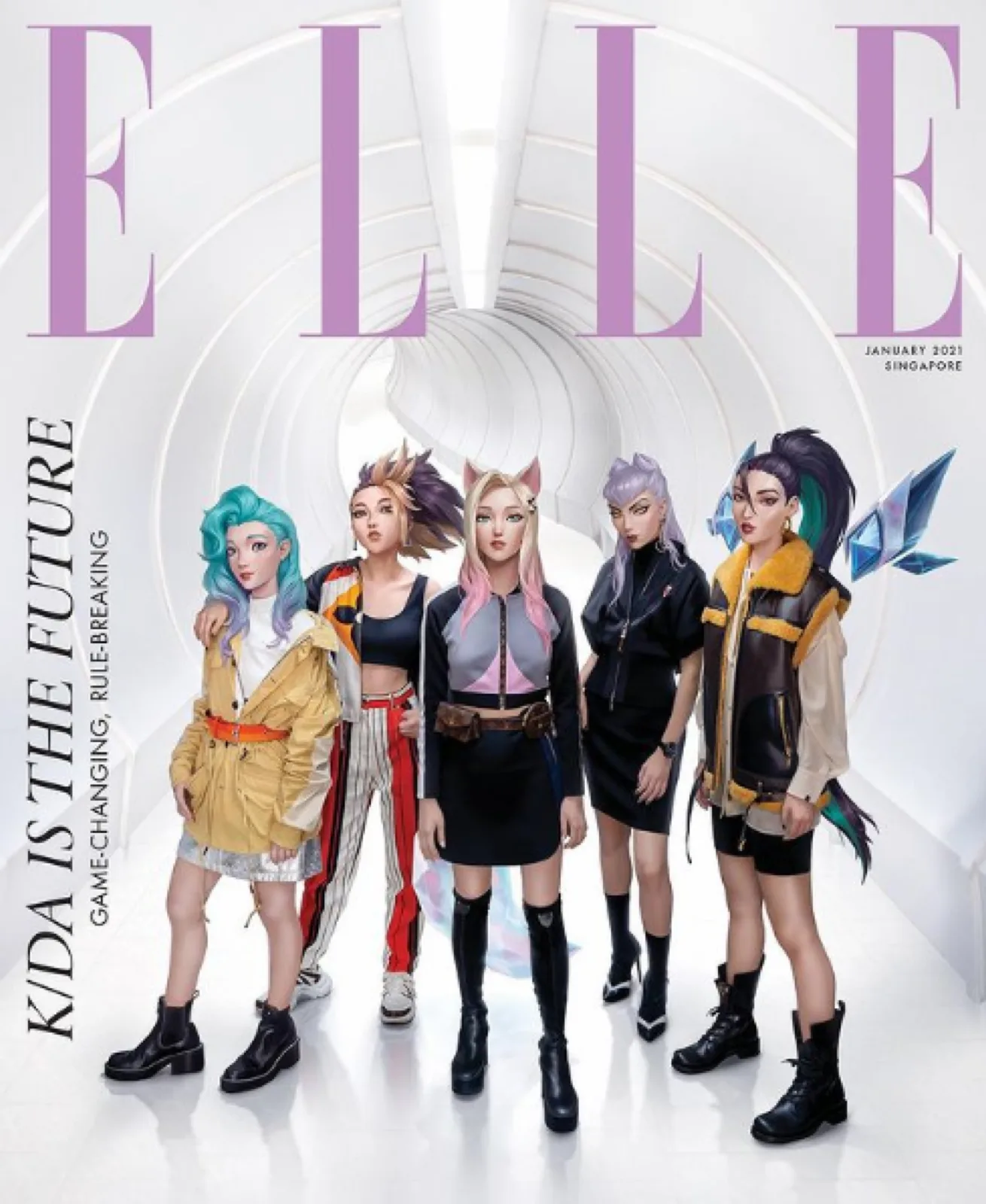 ELLE Singapore January 2021 cover showing the virtual band K/DA in a white tunnel, headlined 'K/DA is the Future'