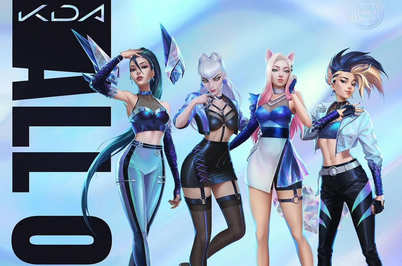 Four members of Riot's virtual K/DA band in glossy stage outfits on key art with a large vertical title