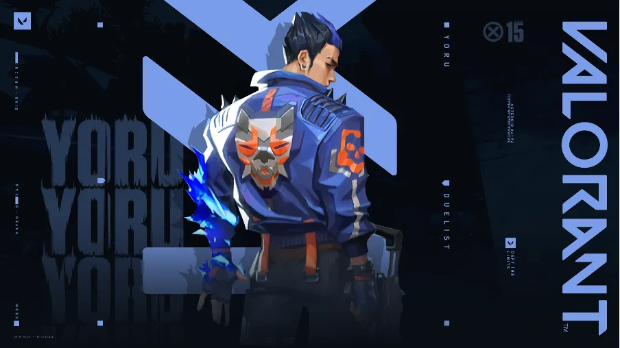 VALORANT agent Yoru in a blue jacket with a wolf-mask emblem, shown from behind in the character launch art