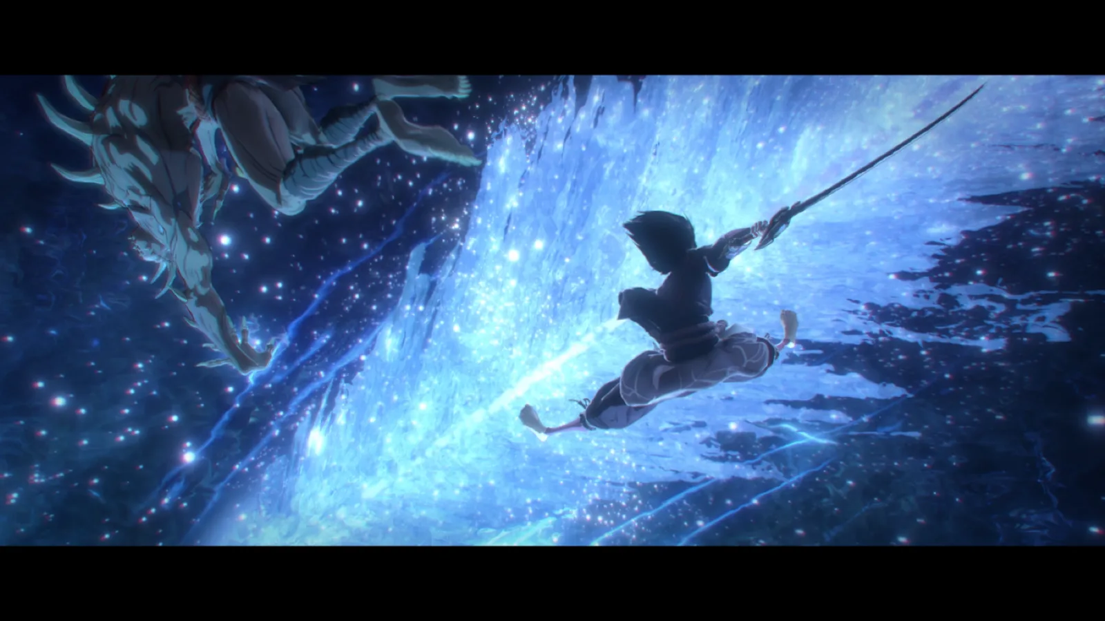Still from the animated film Kin of the Stained Blade: a swordsman leaps toward a monstrous figure amid glowing blue spirit energy