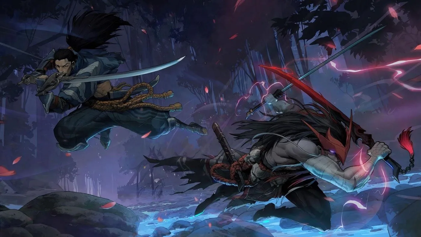 Two swordsmen clashing in a moonlit forest stream with red petals swirling, a scene from Riot's animated film Kin of the Stained Blade